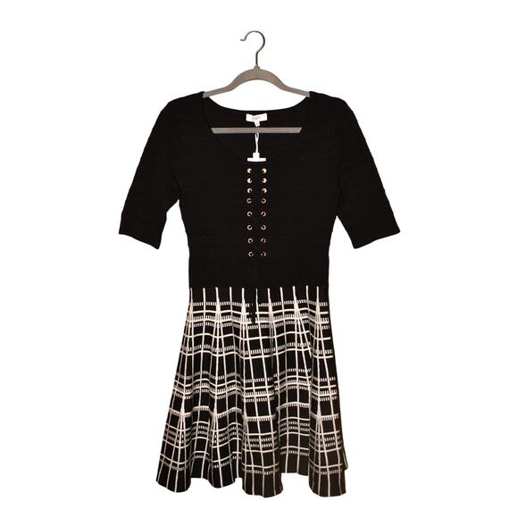 CANDIE'S NEW $58 Black White Textured Lace-Up Fit & Flare Sweater Dress Medium - Picture 1 of 4